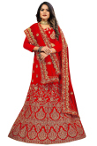 Lehenga in Velvet Red with Dori Embroidery for Sangeet