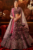 Embroidered Wine Maroon Velvet Panelled Style Lehenga