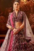 Embroidered Wine Maroon Velvet Panelled Style Lehenga