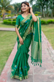 Emerald Green Linen Weaved Casual Wear Broad Border Saree 