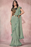 Fancy Dusty Green Lycra Ruffled Saree