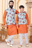 Father & Son Dupion Silk Orange Jacket Style Kurta Churidar