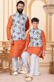 Father & Son Dupion Silk Orange Jacket Style Kurta Churidar
