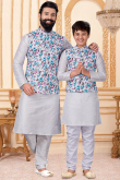 Father & Son Grey Dupion Silk Jacket Style Men Kurta Churidar