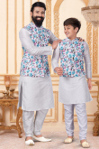 Father & Son Grey Dupion Silk Jacket Style Men Kurta Churidar