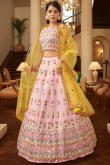 Faux Mirror Embroidered Georgette Pastel Pink Lehenga