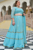 Faux Mirror Embroidered Georgette Sky Blue Lehenga