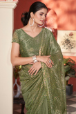 Fern Green Net Saree With Sequins Work For Diwali
