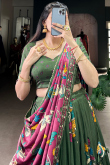 Fern Green Tussar Silk Lehenga With Printed Work For Diwali