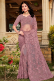 Festival Wear Dusty Mauve Light Weight Net Embroidered Saree
