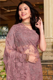 Festival Wear Dusty Mauve Light Weight Net Embroidered Saree