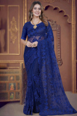 Festival Wear Embroidered Navy Blue Net Saree