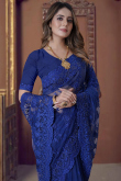 Festival Wear Embroidered Navy Blue Net Saree