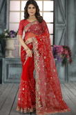 Festival Wear Embroidered Red Net Fancy Saree 