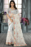 Festival Wear Light Grey Floral Net Embroidered Saree 