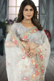 Festival Wear Light Grey Floral Net Embroidered Saree 
