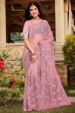 Festival Wear Pale Pink Net Embroidered Saree 