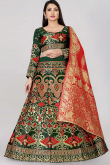 Festival Wear Silk Dark Green Woven Zari Lehenga 