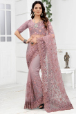 Mauve Pink Party Wear Stone Embroidered Saree in Net