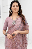 Mauve Pink Party Wear Stone Embroidered Saree in Net