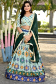 Flared Style Mint Green Printed Chinnon Lehenga Choli For Mehndi 