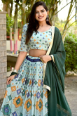 Flared Style Mint Green Printed Chinnon Lehenga Choli For Mehndi 