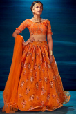 Floral Print Embroidered Organza Orange Lehenga