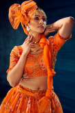 Floral Print Embroidered Organza Orange Lehenga