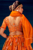 Floral Print Embroidered Organza Orange Lehenga