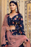Floral Print Navy Blue Chinnon A-Line Style Lehenga 