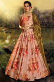 Floral Print Satin Salmon Peach Flared Lehenga 