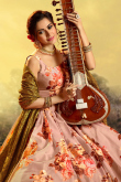 Floral Print Satin Salmon Peach Flared Lehenga 