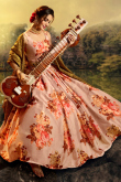Floral Print Satin Salmon Peach Flared Lehenga 