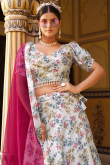 Floral Print White Silk Lehenga