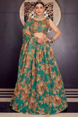 Floral Printed Organza Persian Green Lehenga