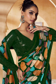 Dark Green Printed Saree with Stone & Lace Detailing