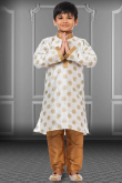 Foil Print Dupion Silk Off White Kids Kurta Pajama