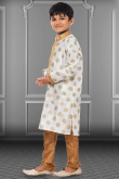 Foil Print Dupion Silk Off White Kids Kurta Pajama