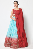 Foil Print Embroidered Chinnon Sky Blue Lehenga