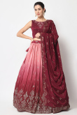 Foil Print Embroidered Chinnon Wine Maroon Lehenga