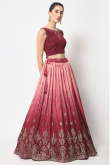 Foil Print Embroidered Chinnon Wine Maroon Lehenga