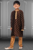 Foil Print Embroidered Dupion Silk Dark Brown Kids Kurta Pajama