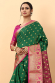 Forest Green Silk Blend Saree With Weaved Work For Mehndi