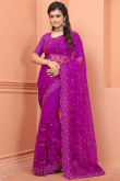Fuchsia Pink Net Embroidered Saree