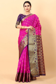 Fuchsia Pink Silk Blend Saree With Weaved Work For Diwali