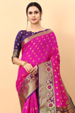 Fuchsia Pink Silk Blend Saree With Weaved Work For Diwali