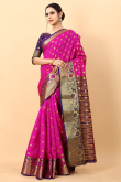 Fuchsia Pink Silk Blend Saree With Weaved Work For Diwali