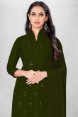 Georgette Army Green Embroidered Straight Cut Churidar Suit