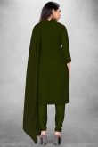 Georgette Army Green Embroidered Straight Cut Churidar Suit