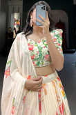 Georgette Cream Beige Lehenga with Printed Work for Diwali